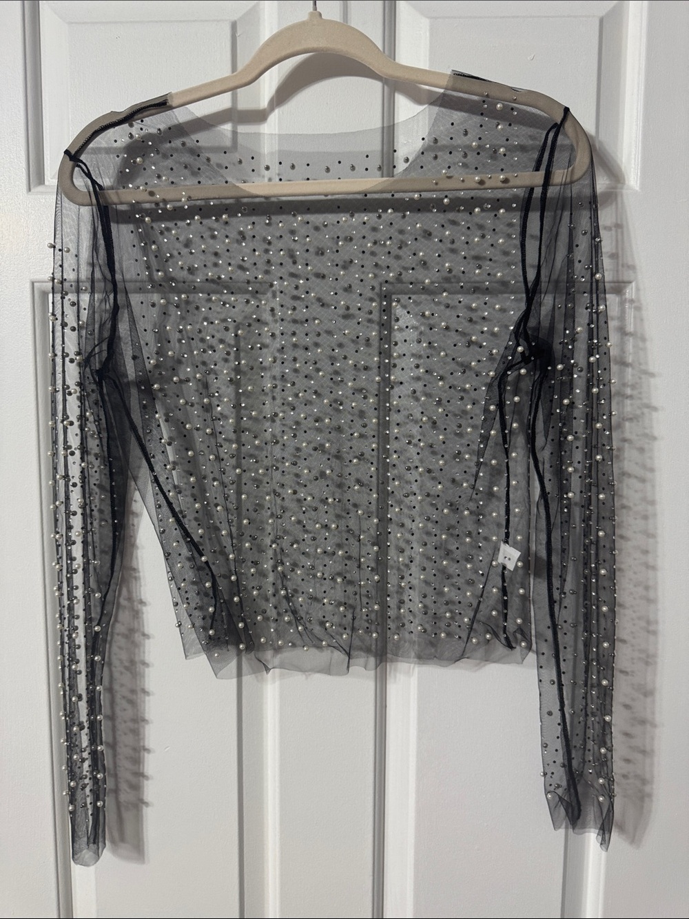 Amazon Black Sheer Mesh Pearl-Embellished Long Sleeve Top